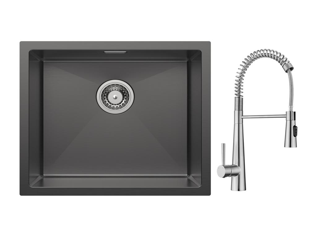Lujodec 1 Fregadero para lavabo 50*44cm Fregadero de acero inoxidable negro antracita + grifo de cocina monomando con resorte y 3 modos de salida de agua, cepillado