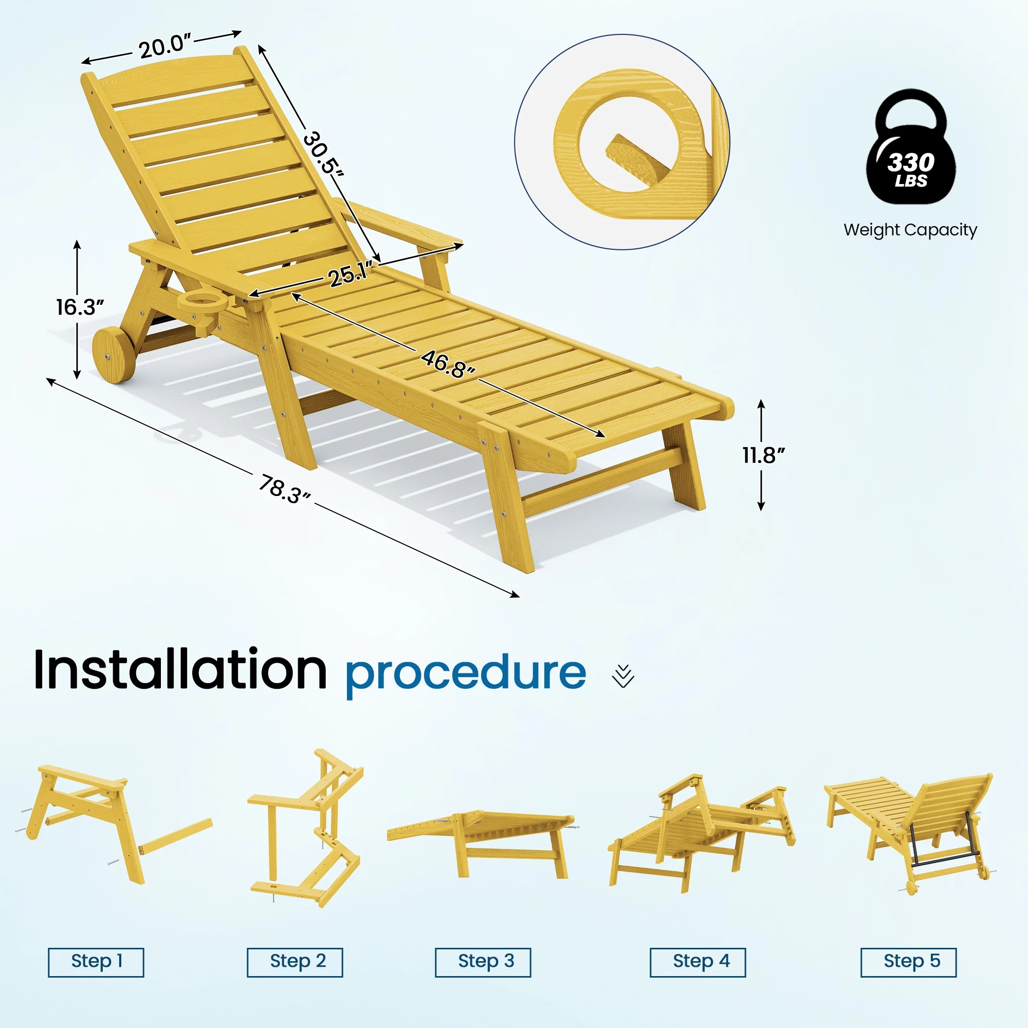 SERWALL Patio Chaise Lounge Chair, 78'' HDPE Outdoor Lounge Chair 5 Positions Pool Lounger Navy Blue - Image 37