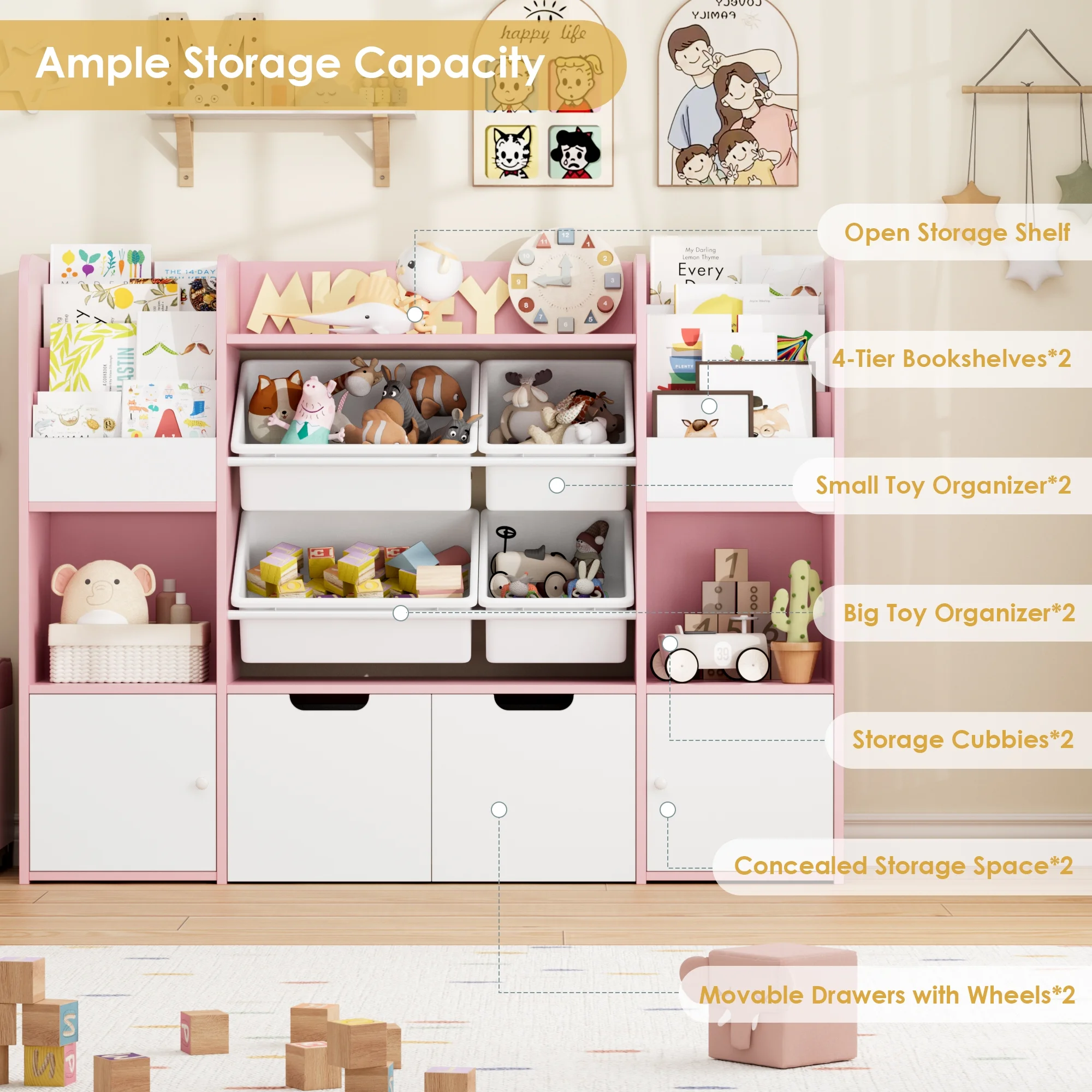 Hiphuta Kids Bookcase Toy Storage Organizer, Wooden Toy Organizer of 4 Bins& 2 Removable Drawers for Home Bedroom, Kids Bookshelf Toy Box with Book Rack, White - Image 22