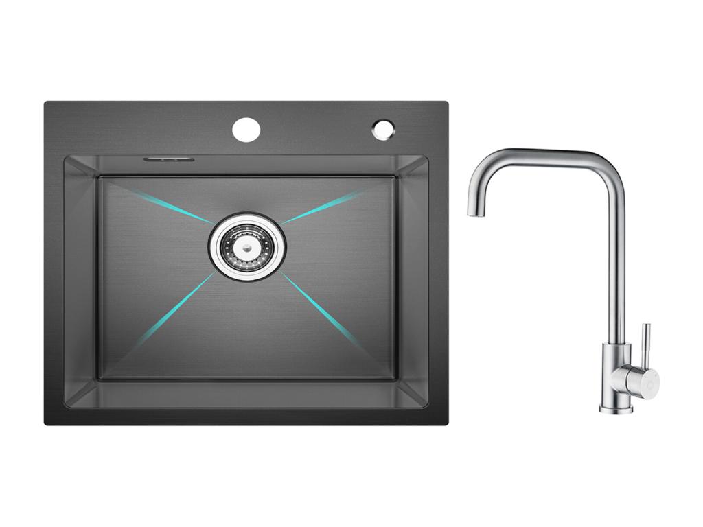 Laocacasas Fregadero de Cocina 1 Seno 50×45×18,5 CM Fregadero de Acero Inoxidable Negro + Mezclador de Cocina de Acero Inoxidable Cepillado con Caño Alto y Curvo