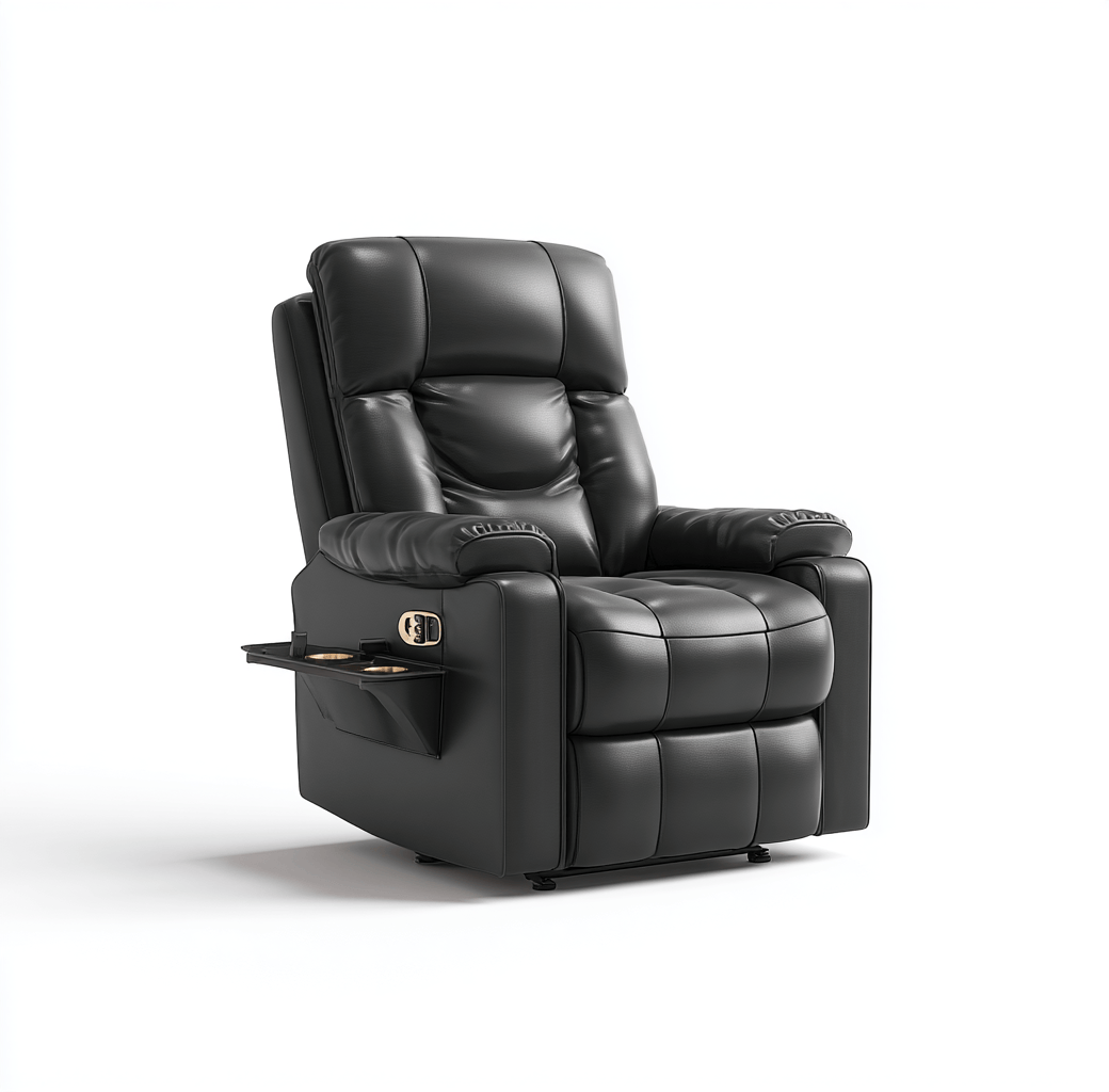 Sillón reclinable eléctrico en piel sintética negra 92×100×108 cm – con portavasos y bandeja lateral