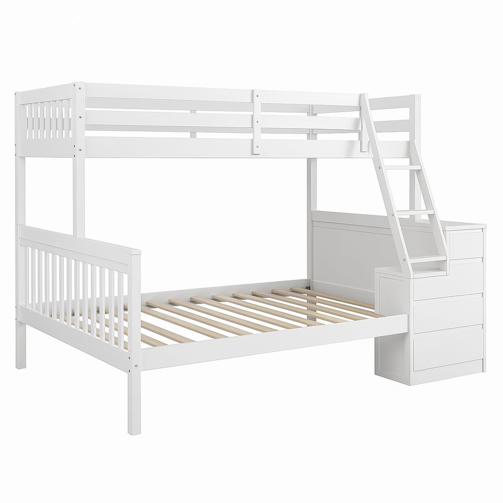 Cama litera moderna con armario,diseño funcional y escalera,color blanco,estructura de madera