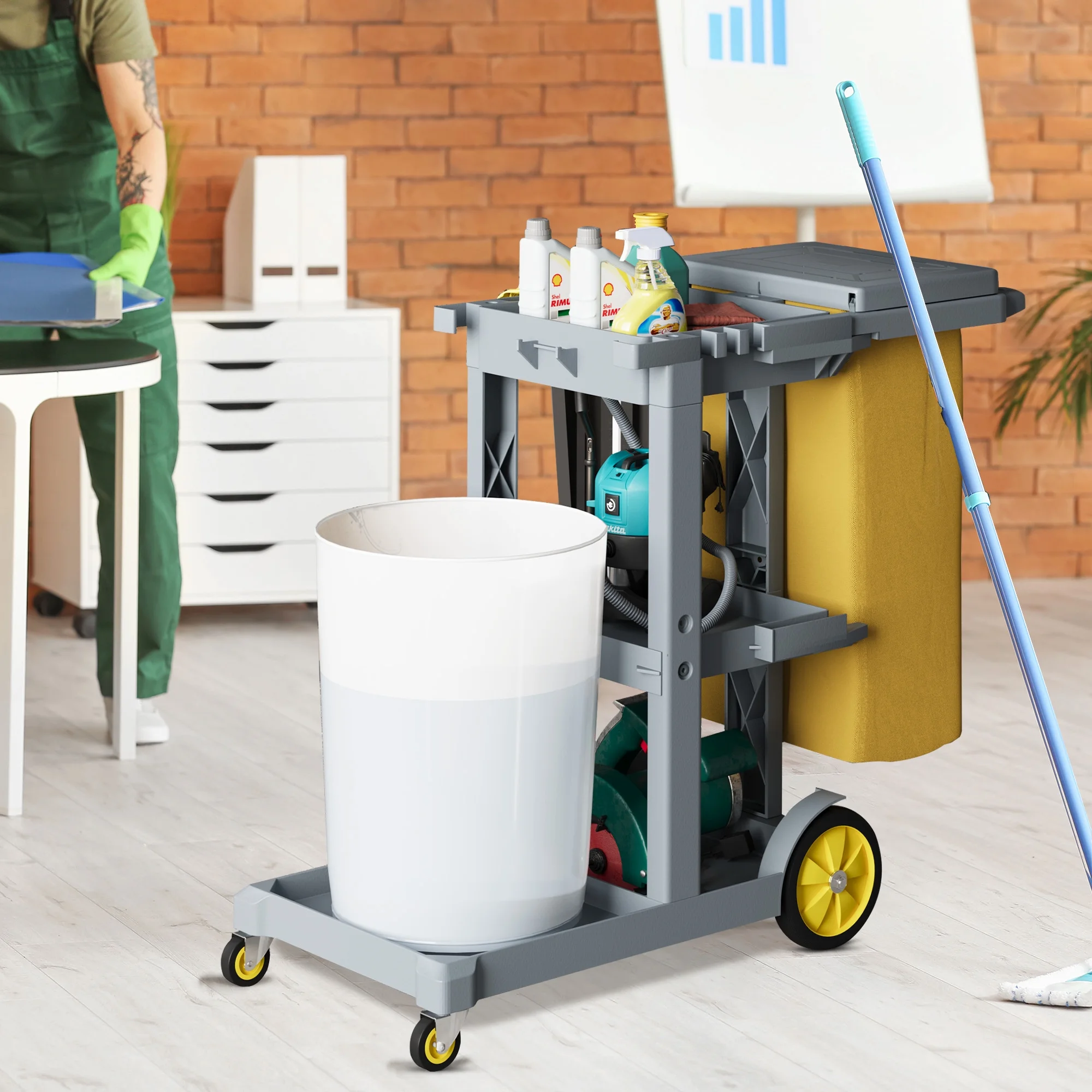 Dextrus Commercial Janitorial Trolley Cleaning Cart, 25 Gallon Capacity with Cover, for Housekeeping & Facility Maintenance, Black - Image 13