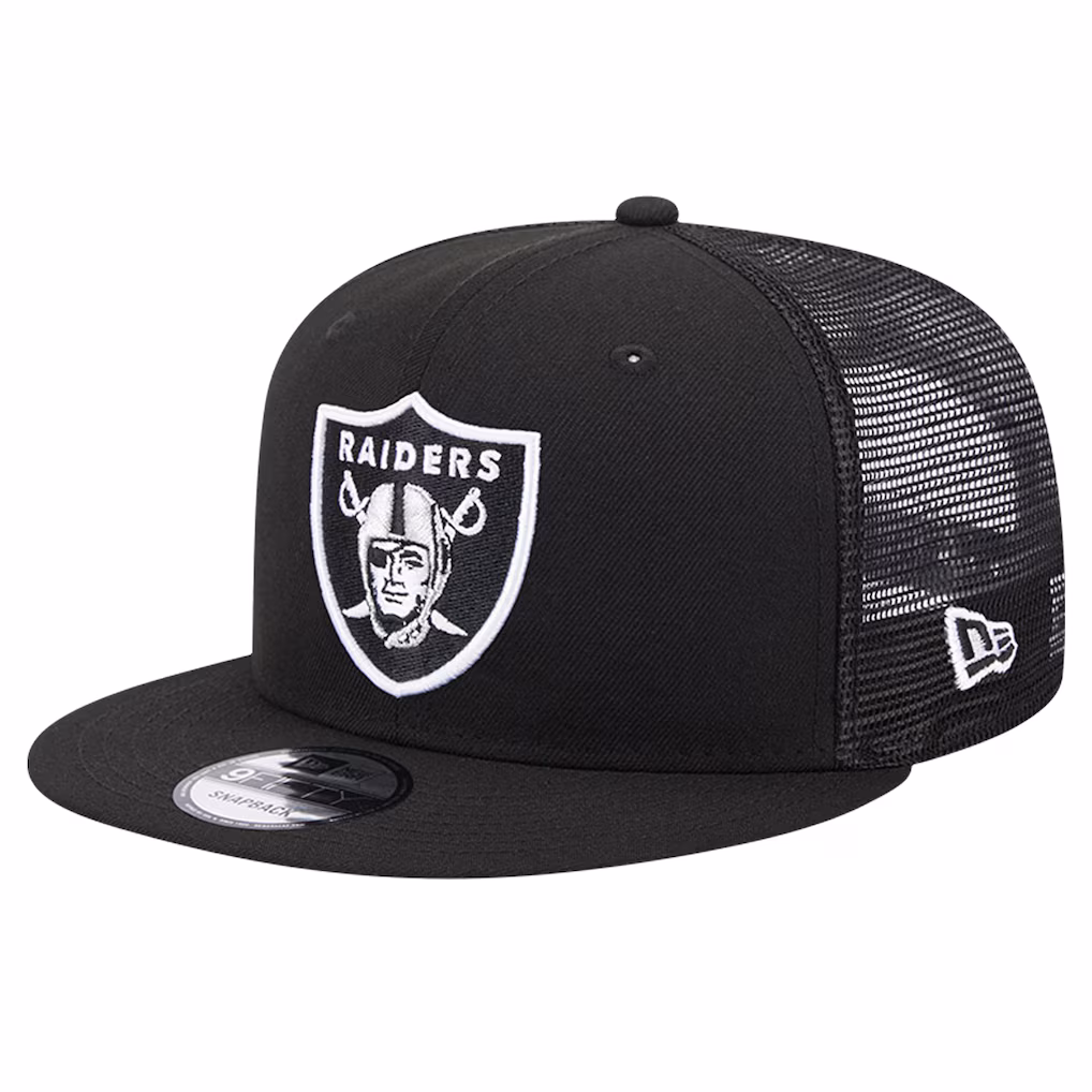 Angled view of the New Era Black Las Vegas Raiders Trucker 9FIFTY Snapback Hat showing the front shield logo and mesh back.
