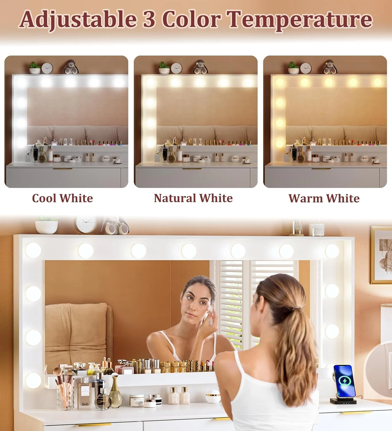 Fixwal 45.3" White Makeup Vanity Table with 9 Drawers, LED Lighted Mirror & Power Outlet - Image 4 Fixwal 45.3" White Makeup Vanity Table with 9 Drawers, LED Lighted Mirror & Power Outlet - Image 4