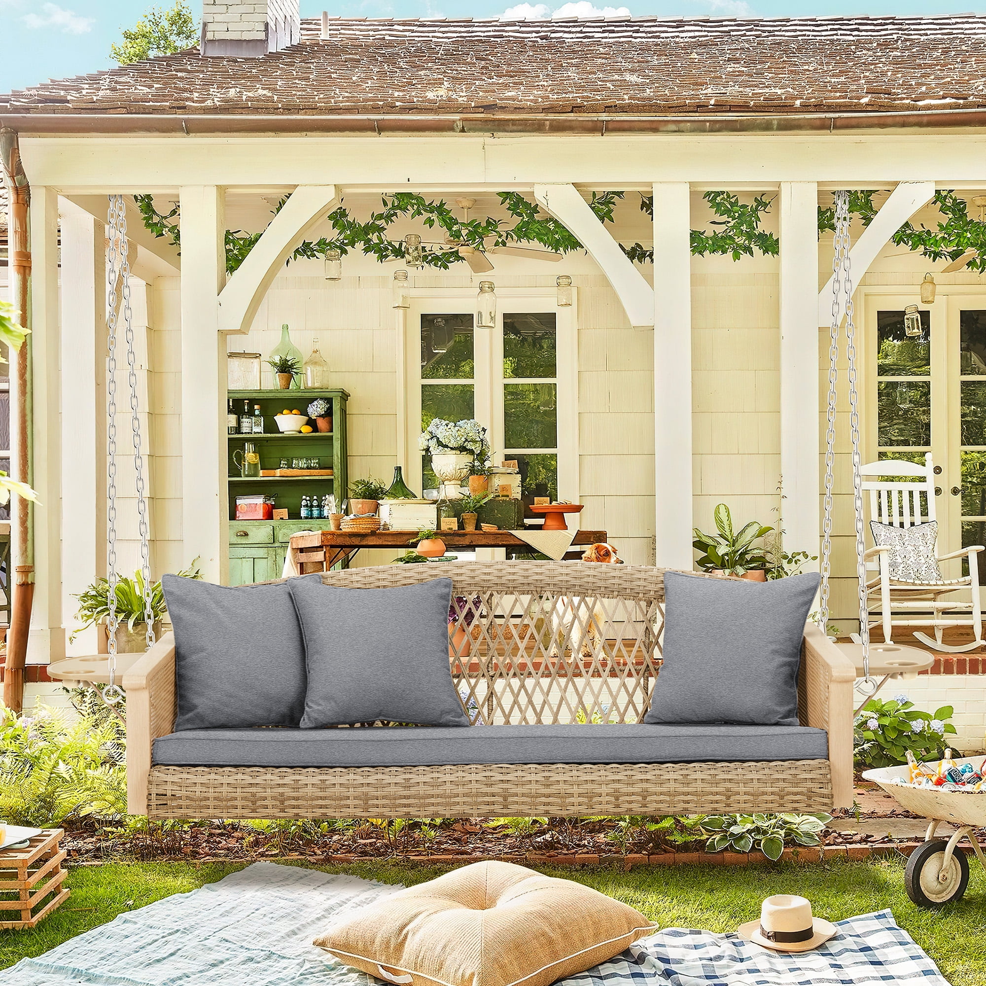 Homrest 3-Person Porch Swing 55in Wicker Hanging Swing Bench with Cushions and Cupholders for Deck, Garden and Backyard, Beige - Image 26