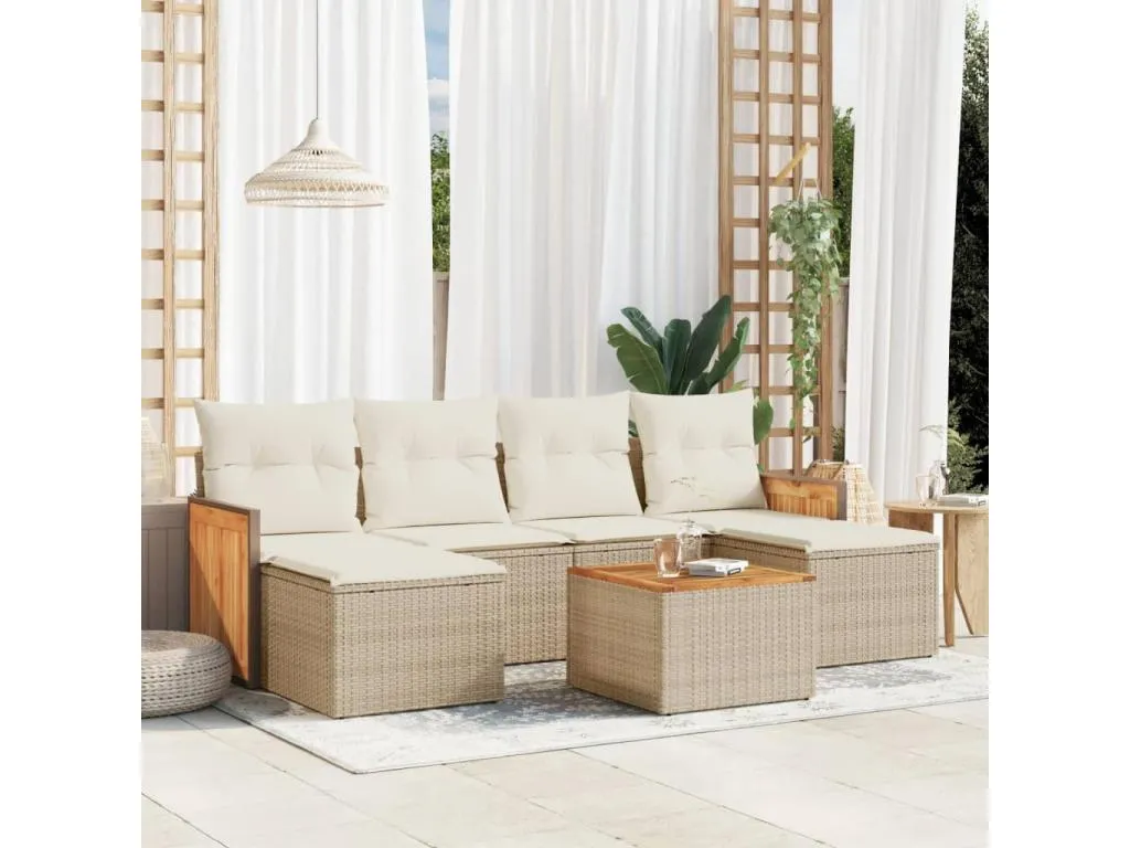 Set sofás de jardín 7 piezas y cojines ratán sintético beige MJXQ66789