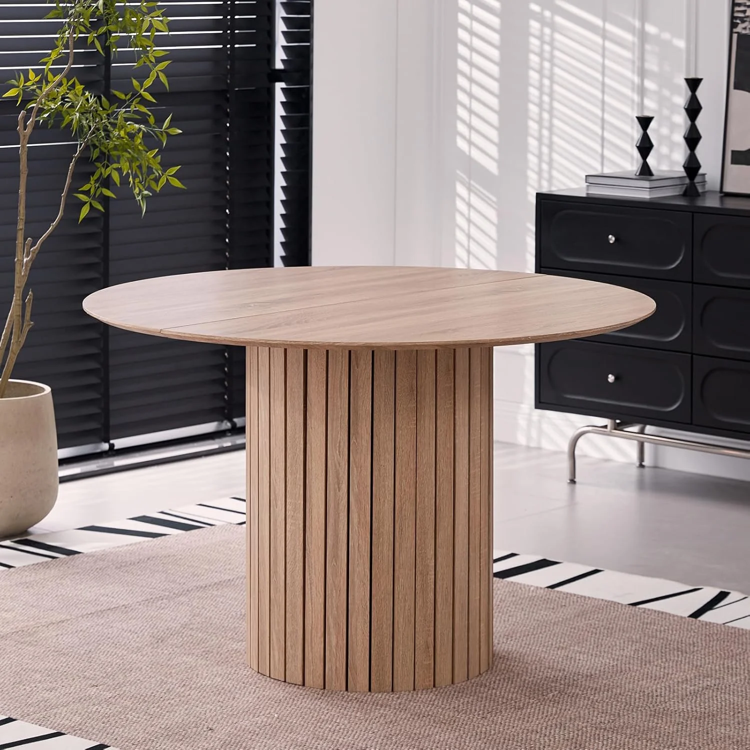 5 Piece Round Dining Table Set - Mid-Century 47 inch Oak Dining Table with 4 Brown Faux Leather Chairs Set, Dinner Table & Chair with Metal Legs for Kitchen Dining Room, Apartment, Bedroom - Image 6
