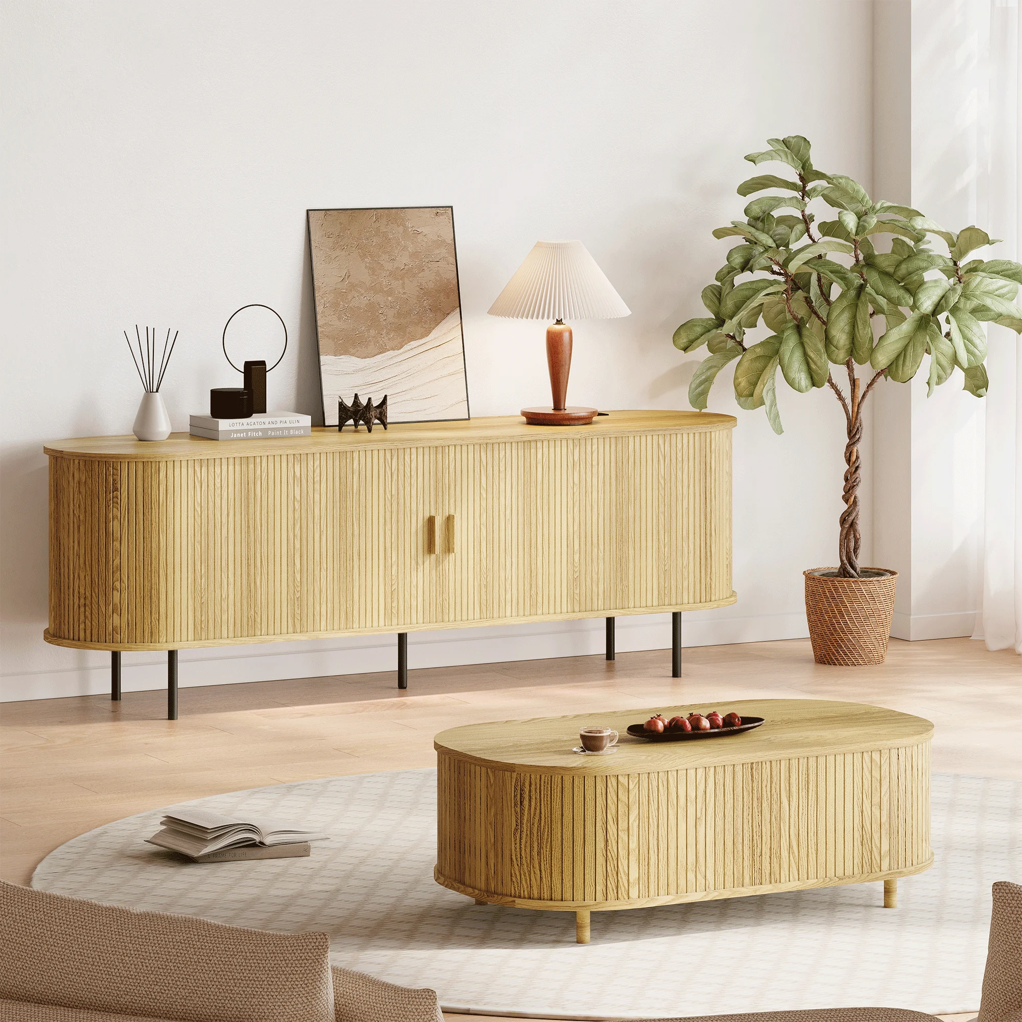 MARNUR 63" TV Stand for 70" TV, Wood Entertainment Center with Storage and Shelves, 2 Sliding Tambour Doors, Mid-Century Modern, Walnut - Image 19