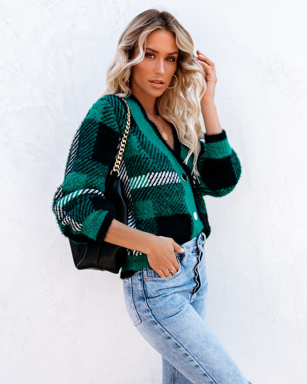 Taylor Plaid Fuzzy Knit Cardigan - Green - Se7enfashion