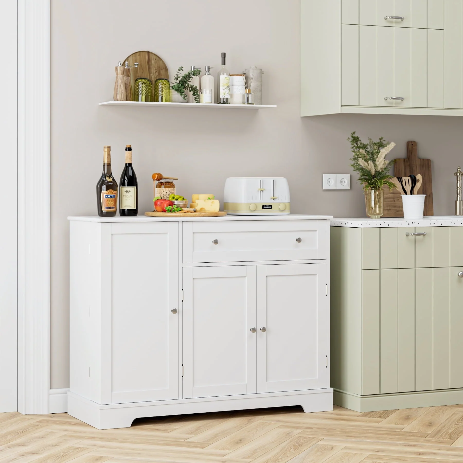 Homfa 41'' Kitchen Storage Cabinet, Pantry Cabinet with Drawers and Adjustable Shelf, Buffet Cabinet Sideboard for Dinning Room, White - Image 5