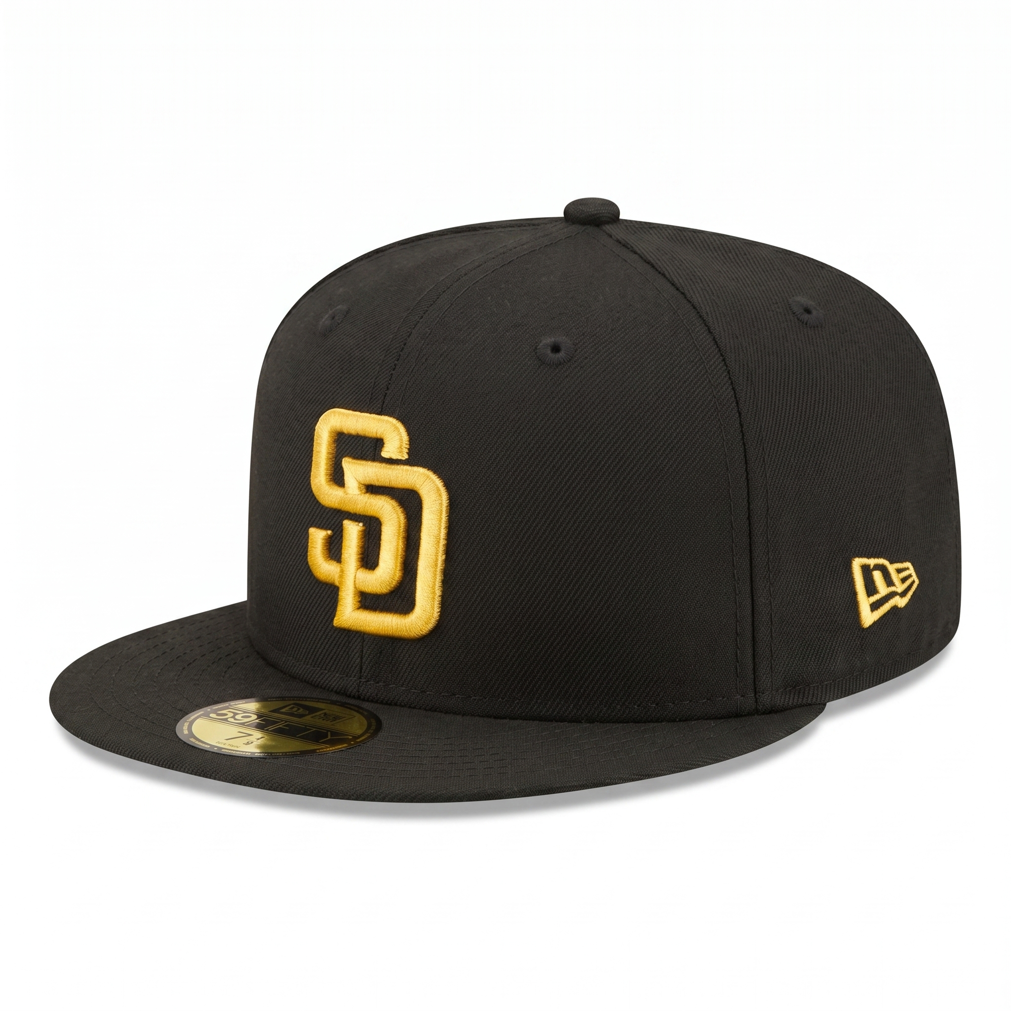 Front view of the New Era San Diego Padres Black 59FIFTY Fitted Hat featuring the gold SD embroidered logo