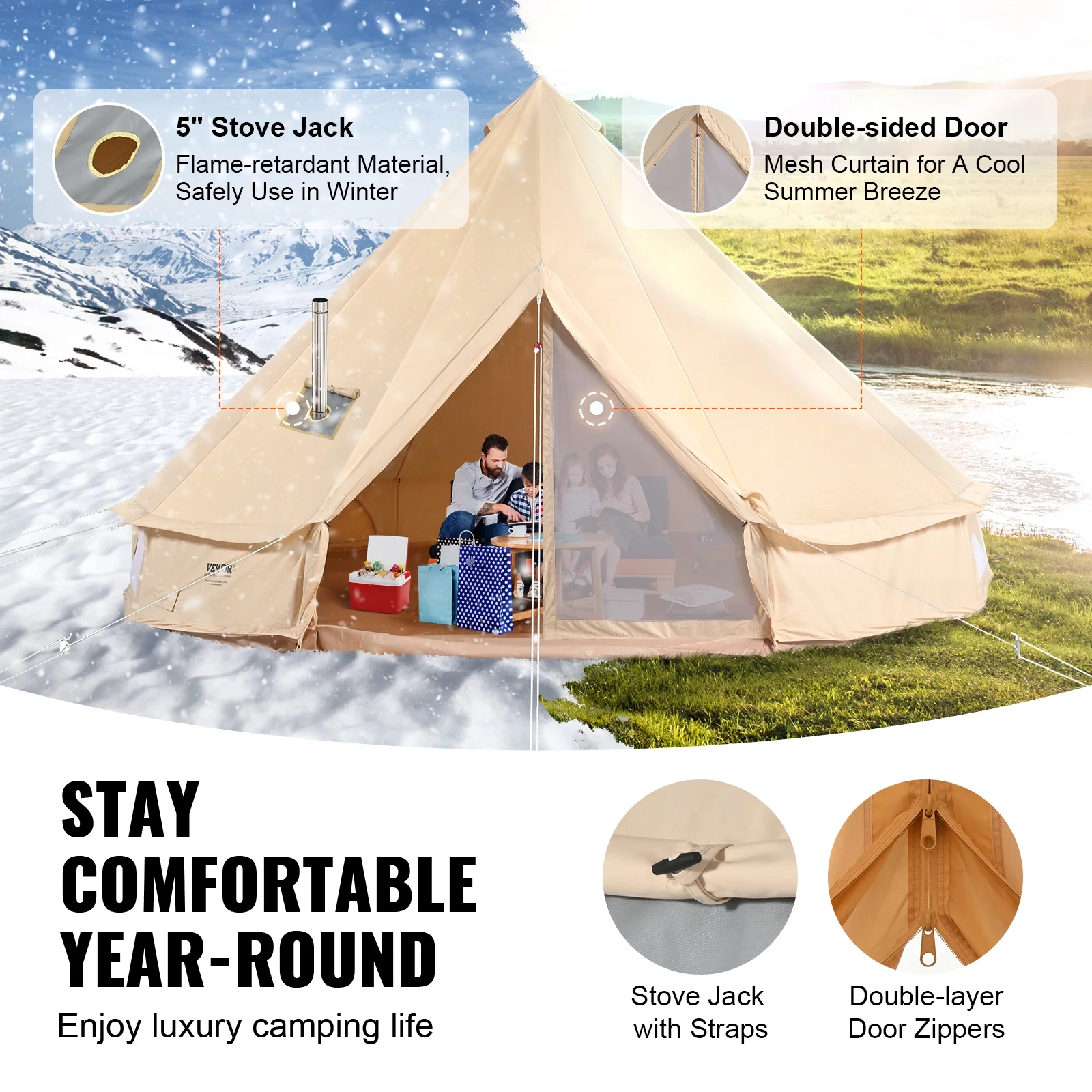 VEVOR Canvas Bell Tent, 4 Seasons 6 m/19.68 ft Yurt Tent, Canvas Tent for Camping with Stove Jack, Breathable Tent Holds up to 10 People, Family Camping Outdoor Hunting Party - Image 3