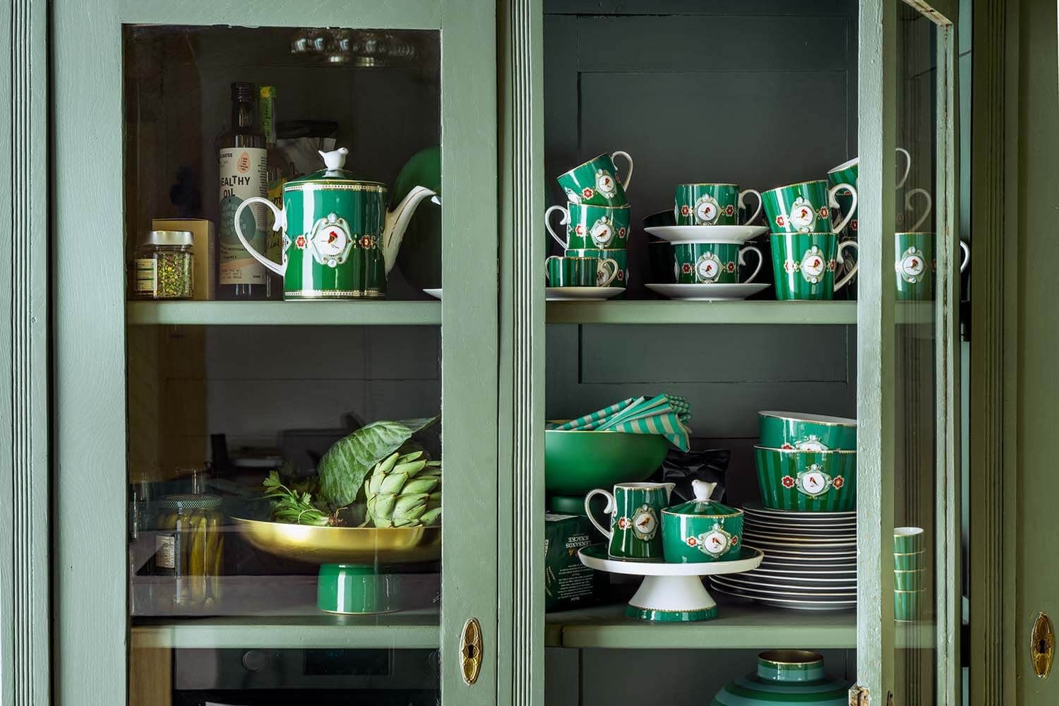 Mug Small Love Birds Medallion Stripes Emerald-Green