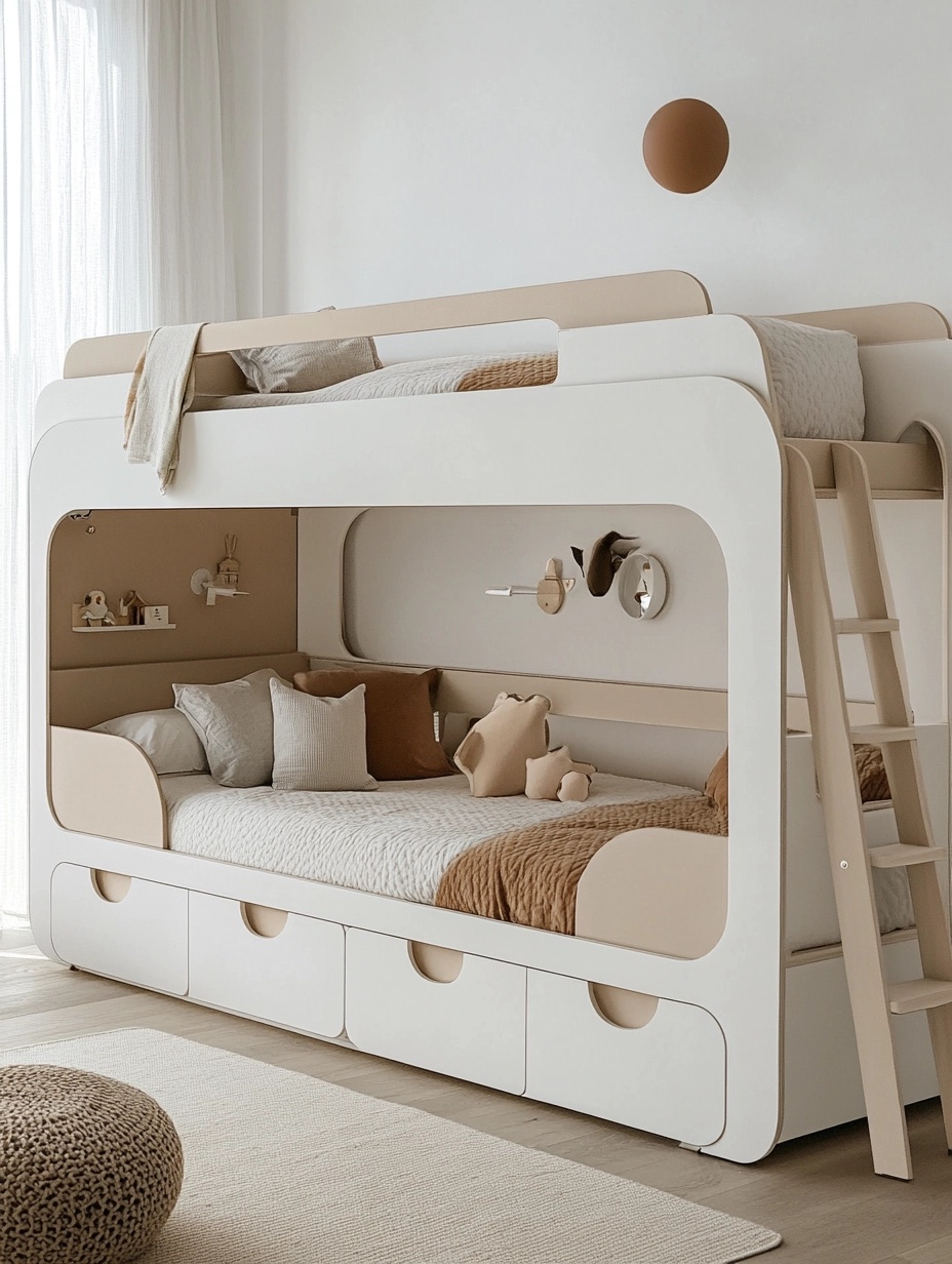 Cama litera madera infantil en melamina blanca/natural,con compartimentos de almacenaje,para dormitorio infantil 196x143x137,4 cm