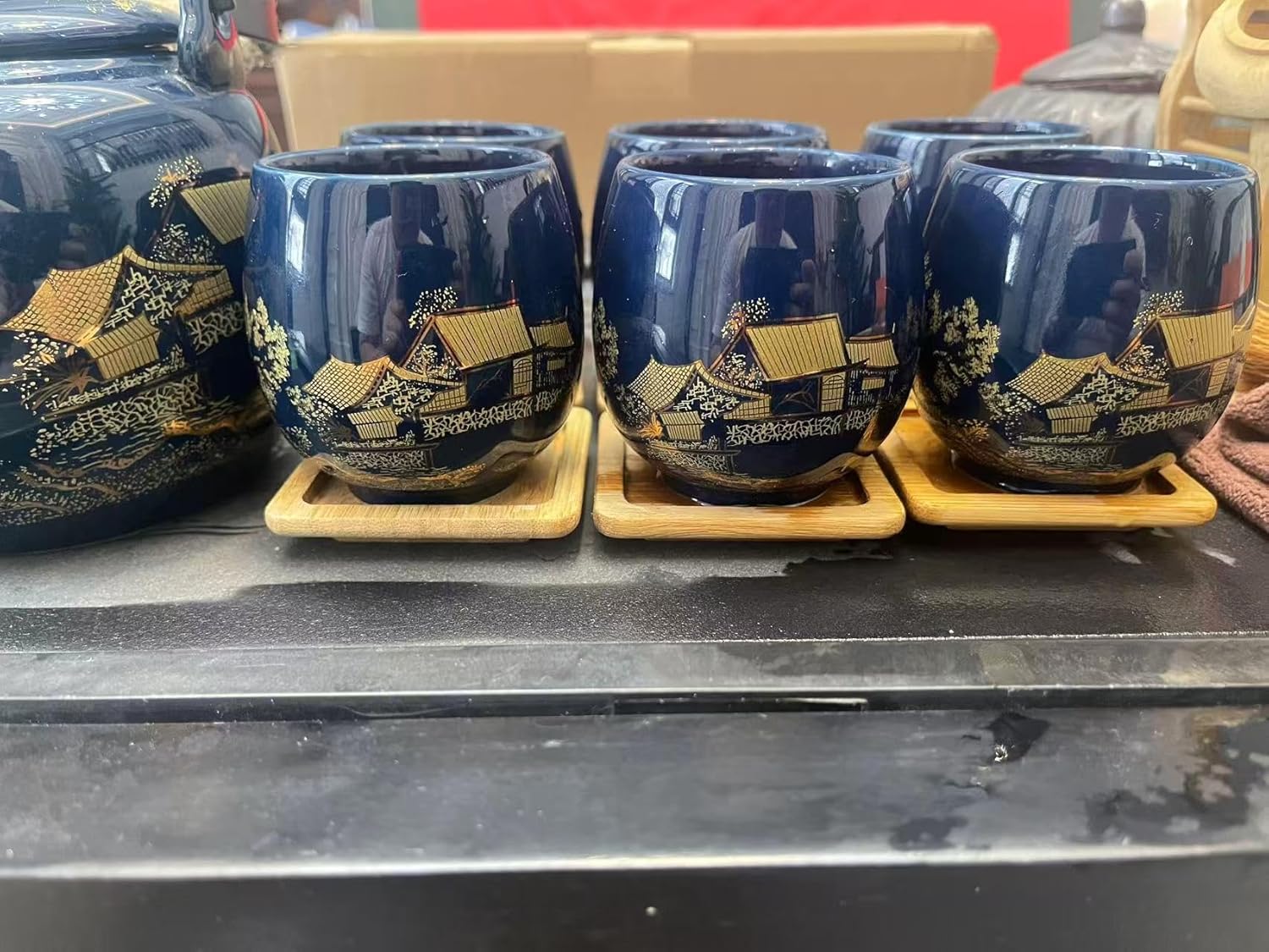Gift Set Japanese Tea Set, Asian Black Glazed Ceramic Tea Set - Contains 1 Teapot, 1 Tea Strainer and 6 Teacups. Ideal for Home, Outdoor, Office (Blue2)