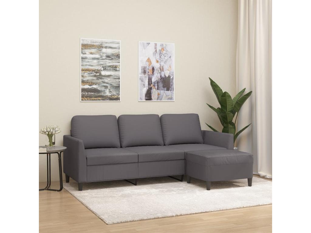 Sofá de 3 plazas con taburete cuero sintético gris 180 cm