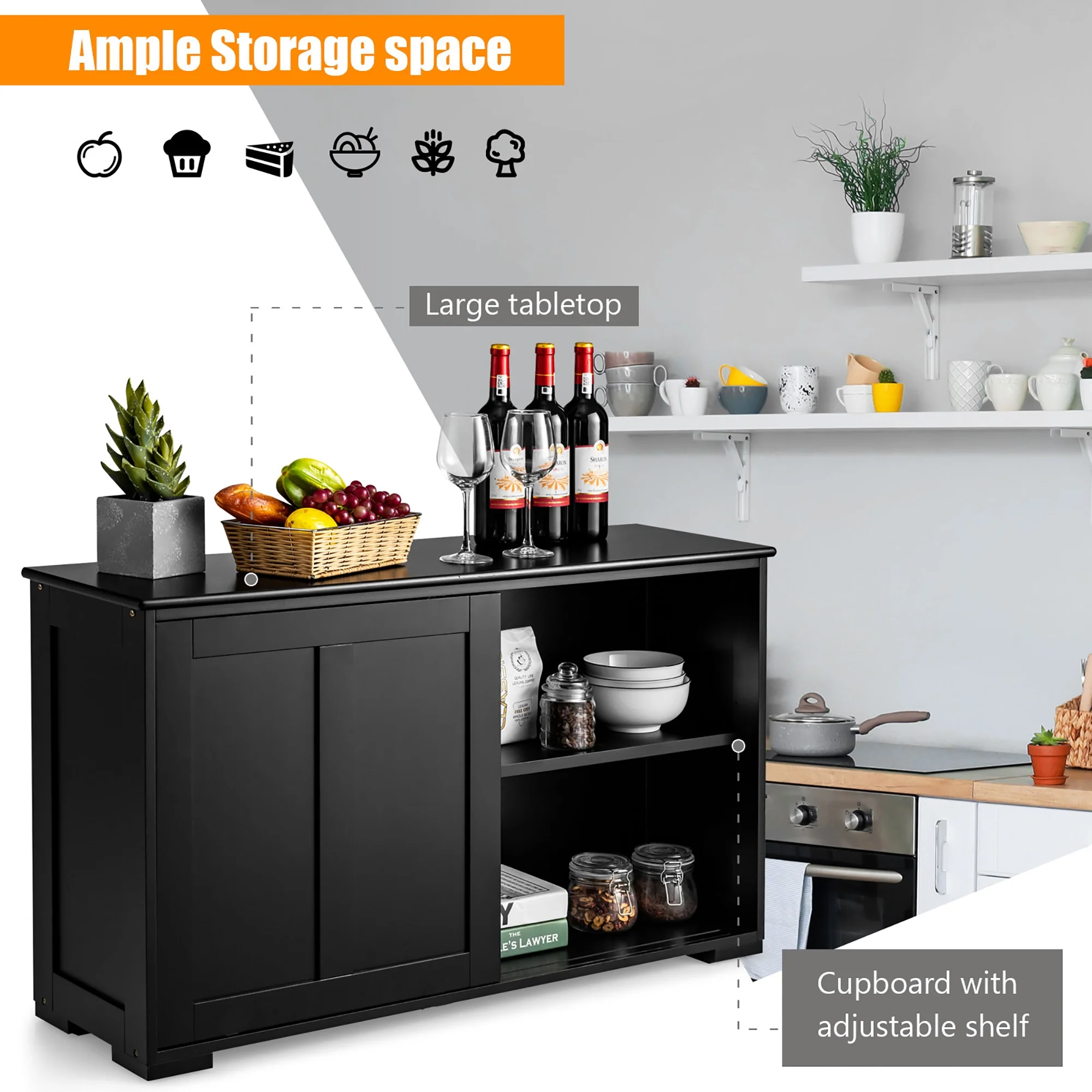 Costway Kitchen Storage Cabinet Sideboard Buffet Cupboard Wood Sliding Door Pantry White - Image 27