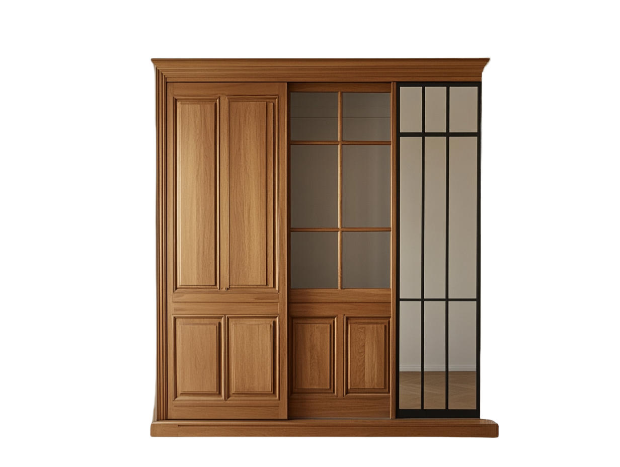 Armario de madera con puertas correderas y detalles en cristal, ideal para salón o vestidor JP1560858