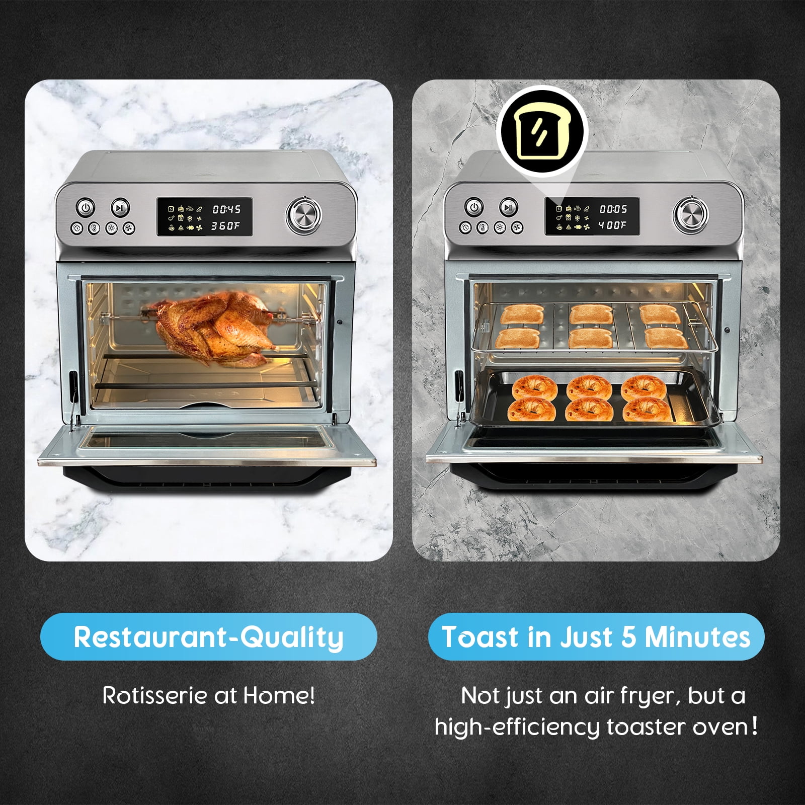 HYSapientia 26QT Air Fryer Oven With Rotisserie 1800W Toaster Oven Air Fryer Combo, 10 in 1 Convection Oven Countertop, Airfryer Toaster Oven, Mini Toaster Oven,Stainless Steel Outer - Image 3