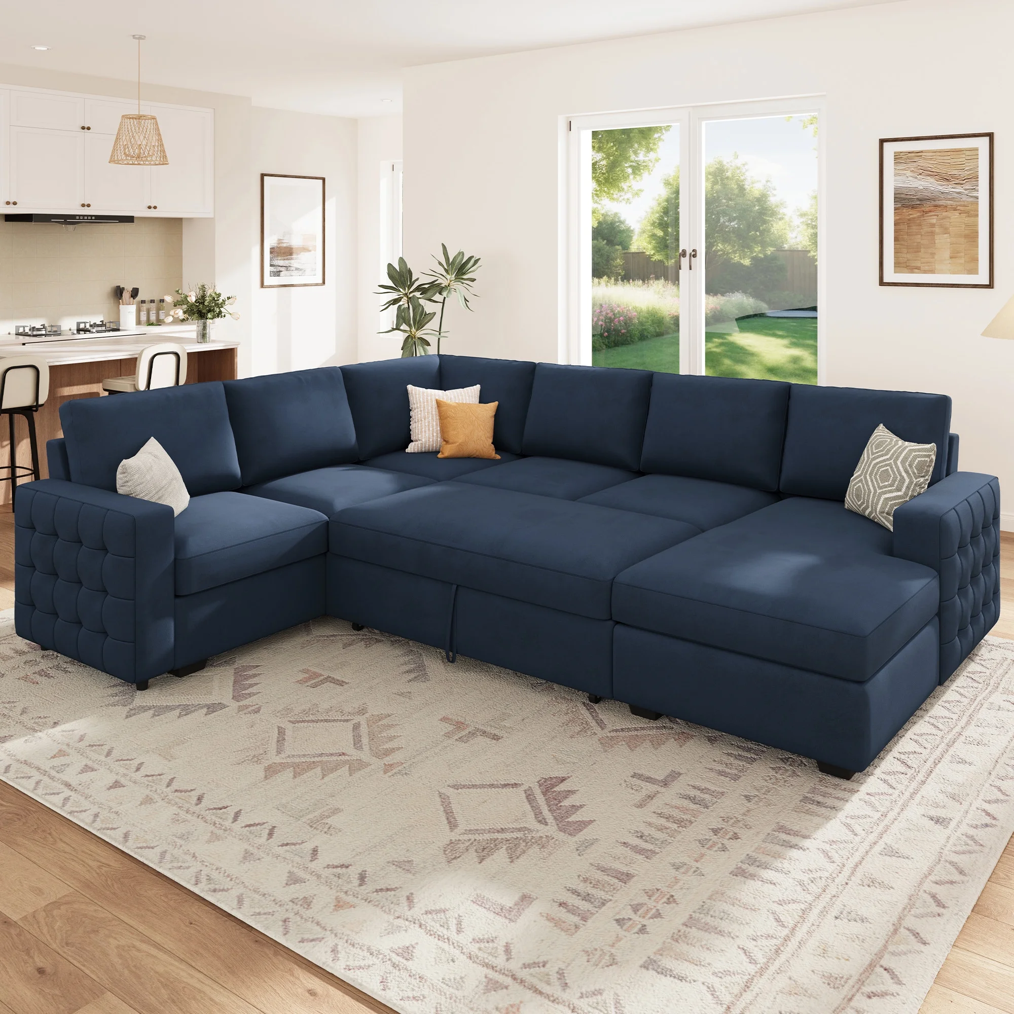 HONBAY Modular Sectional Pull-Out Sofa Bed with Storage Velvet U-Shaped Convertible Sleeper Sofa for Living Room, Blue - Image 15