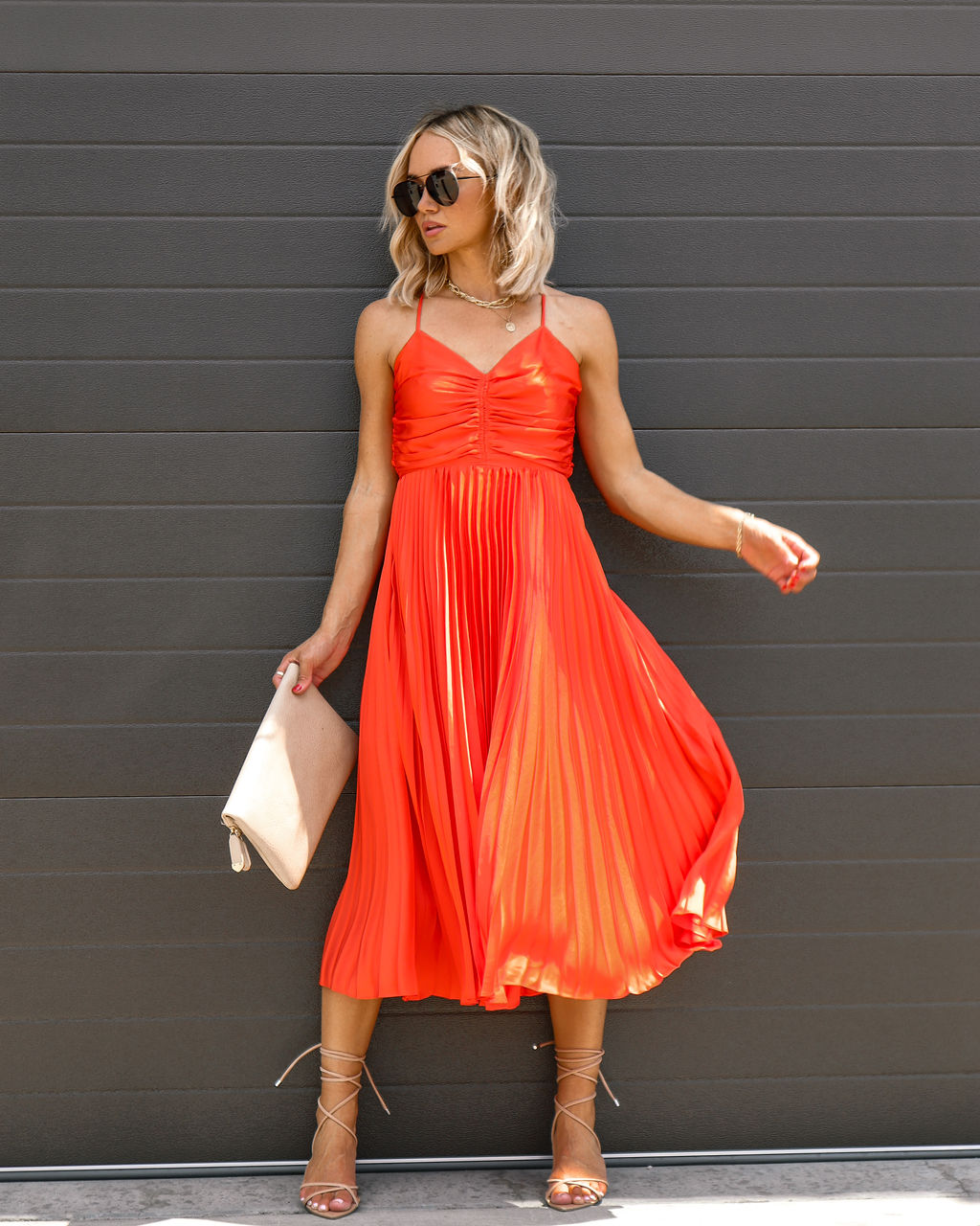 Classic Bombshell Satin Pleated Midi Dress - Orange - FINAL SALE - Se7enfashion