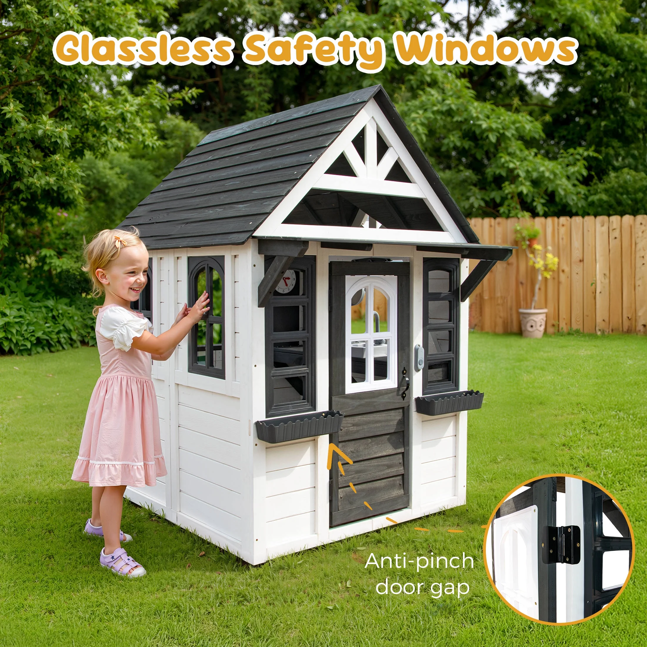 COCLUB Outdoor Playhouse for Kids Ages 4-8, Wooden Play House with Doorbell, Phone, Kitchen Toys, Outdoor Kids Play Equipment, Casa Para Ni?as (45-L x 65-H), White & Black - Image 7