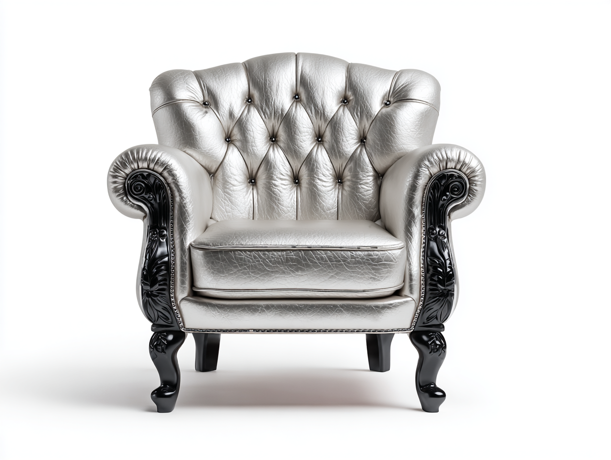 Sillón individual tapizado en cuero plateado con patas y brazos tallados en madera negra 95×85×100 cm – estilo clásico Chesterfield