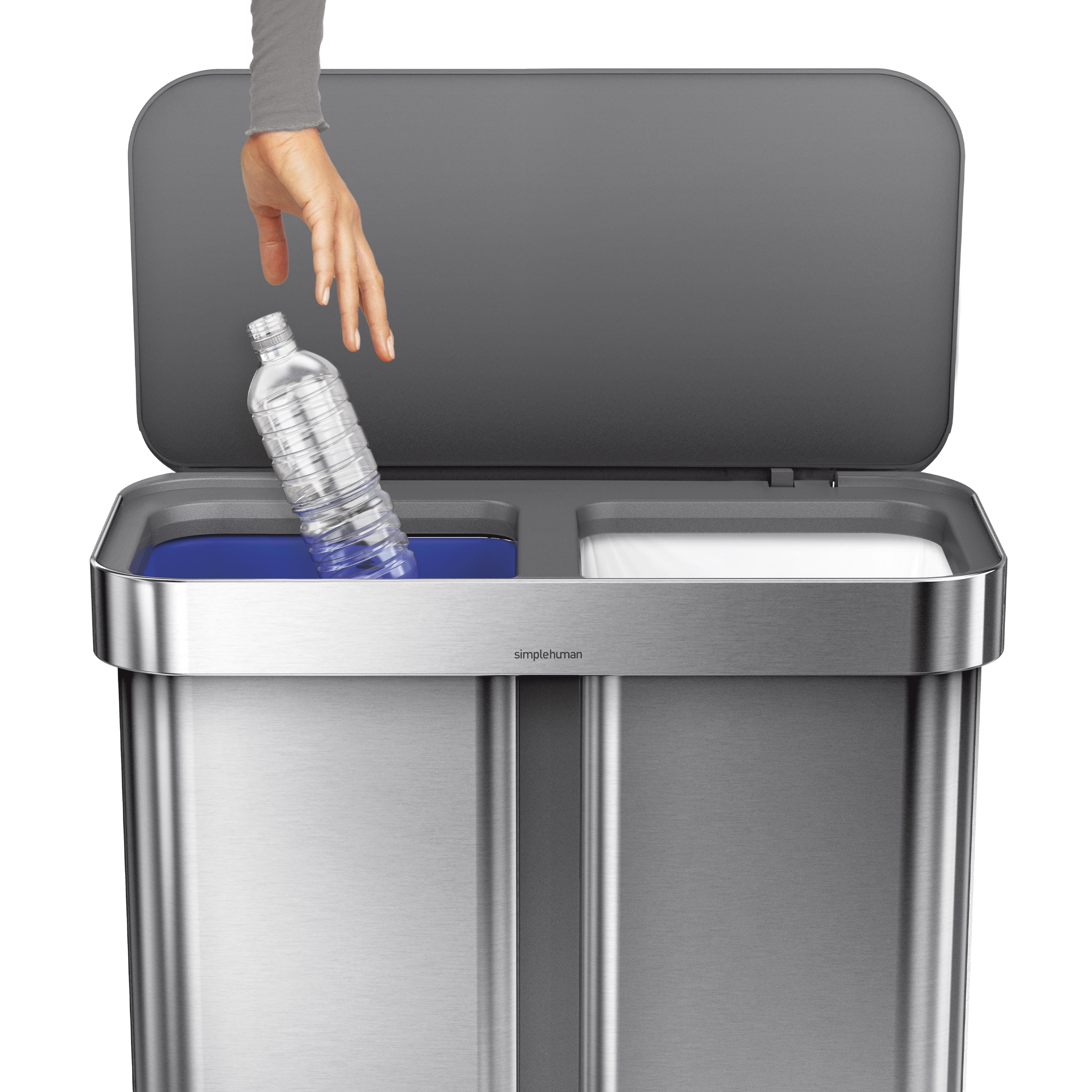simplehuman 58 Liter / 15.3 Gallon Rectangular Dual Compartment Recycling Step, Brushed Stainless Steel with Soft-Close Plastic Lid Kitchen Trash Can - Image 8