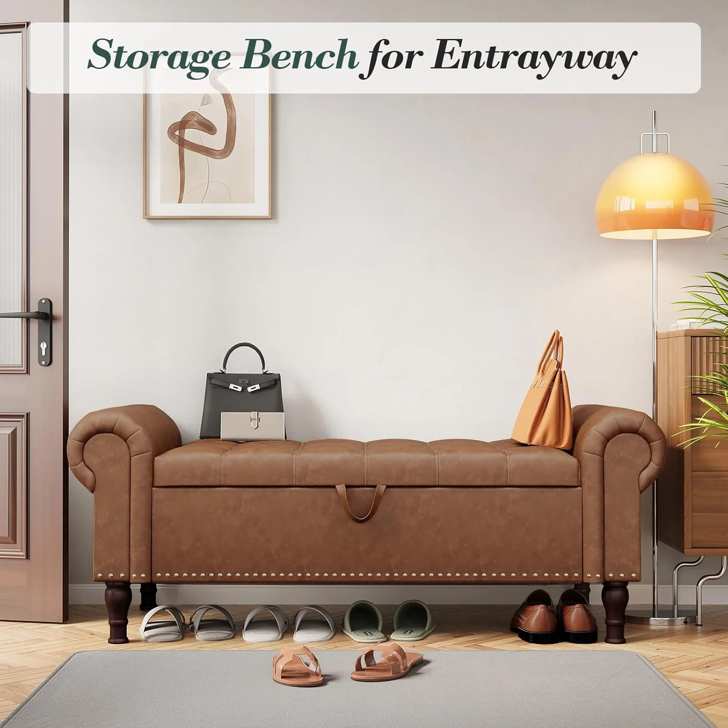 YOUDENOVA Storage Ottoman Bench for Bedroom 51" Queen Leather Storage Bench with Button, Upholstered Bedroom Bench with Rolled Arms for Living Room, Storage Room, Entryway, Gray - Image 22