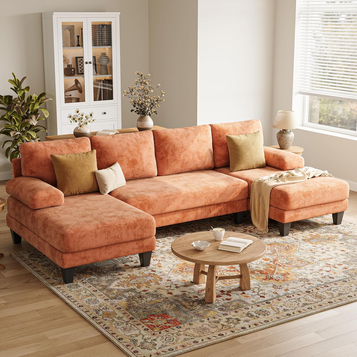 WAYFAIR U-Shaped Sectional Couches For Living Room | 112 Inch Modern Sectional Couch | Orange Chenille Sofa With Double Chaise For Apartment