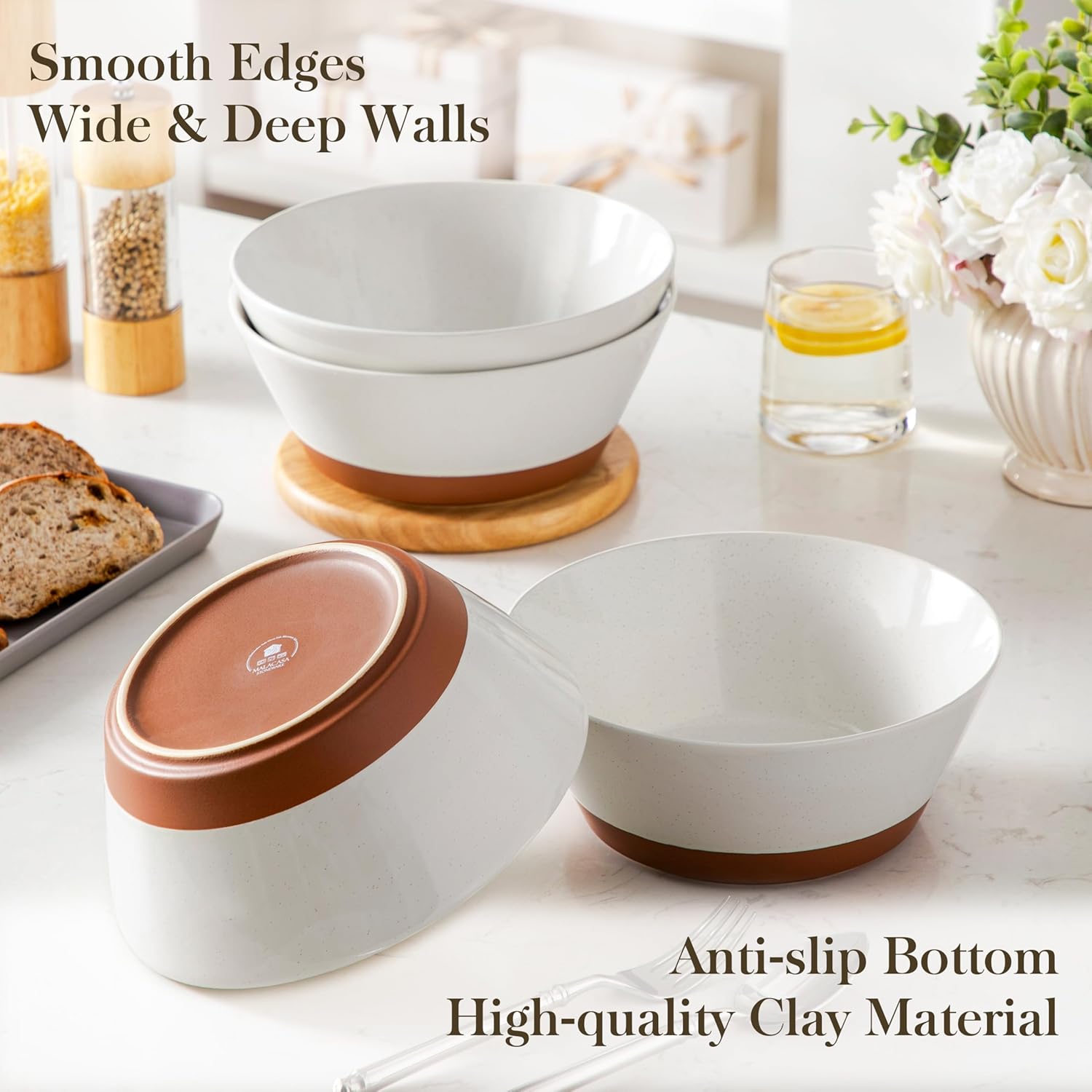 MALACASA Salad Bowls Set of 4, Soup Bowls for Kitchen, 60oz Large Ceramic Bowl for Ramen, Cereal, Fruit, Pho and Pasta, Microwave & Dishwasher Safe, Speckled Deep Bowls, White & Brown