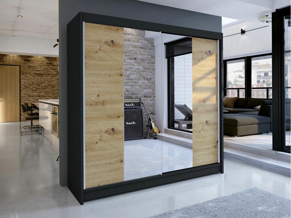 Armario Atlanta 138, Negro|Roble Artisan, 215x180x58cm, Puertas de armario: Correderas