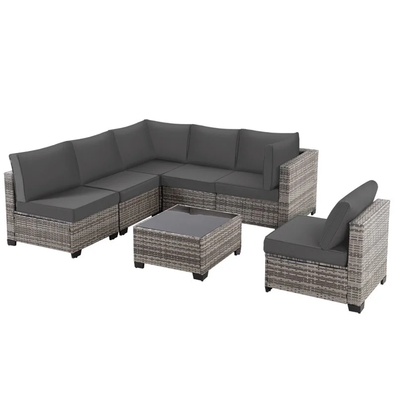 Ainfox 7 Pcs Outdoor Patio Furniture Sofa Set on Sale, Grey Rattan Grey Cushion