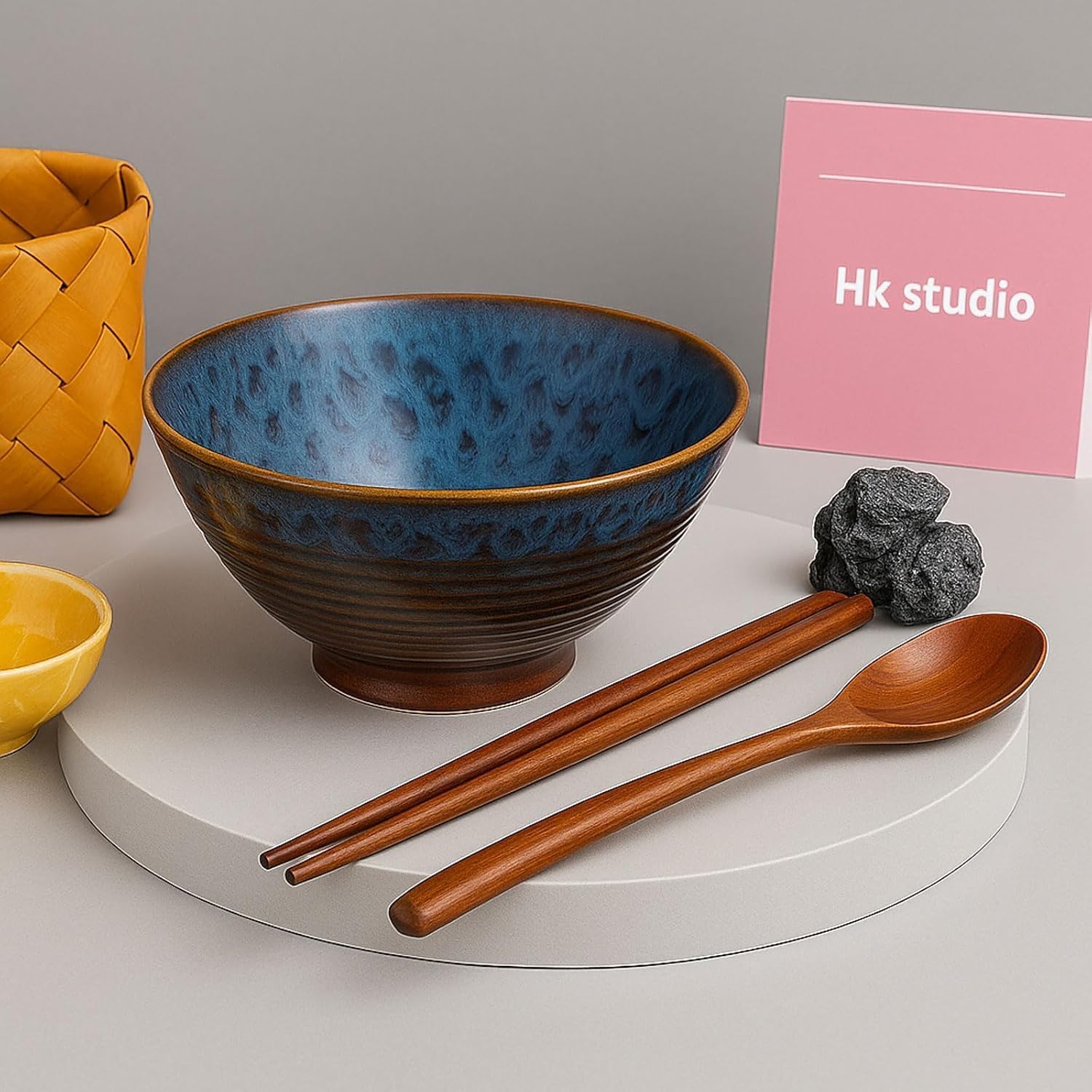 Ceramic Ramen Bowls - 40 oz - 20cm - With Spoon and Chopsticks for Ramen Soup Pho Udon Asian Noodles, Large Noodle Bowls (Cat's eye glaze)