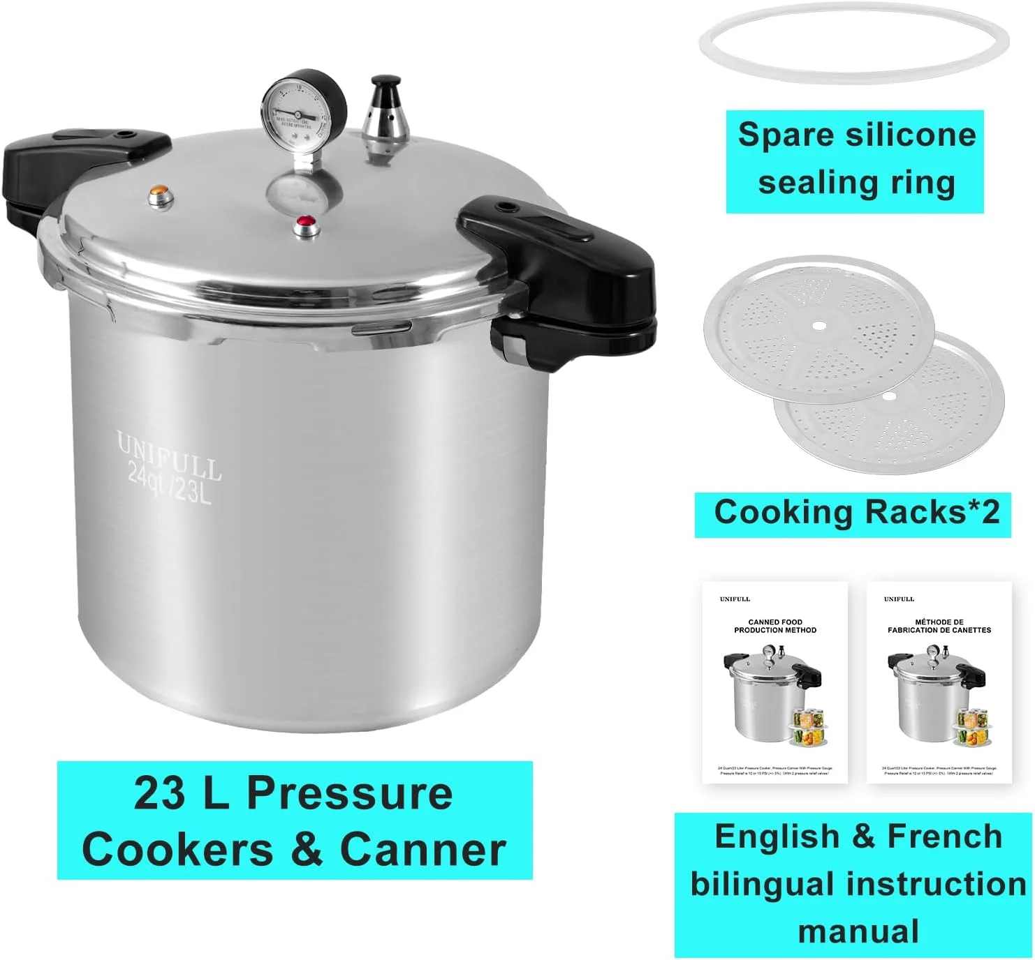 UNIFULL 24 Quart/23 Liter Pressure Cooker,Pressure Canner with Pressure Gauge,Pressure Relief Valve - 15 PSI,and Sealing Ring - Image 4