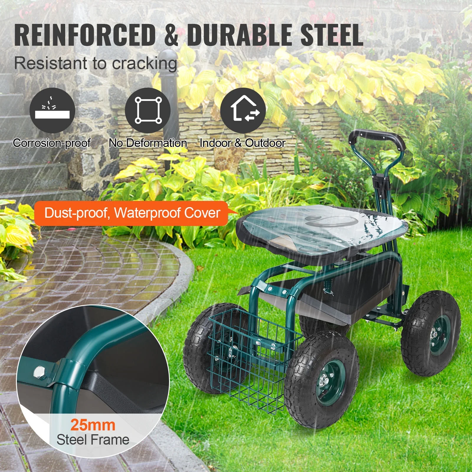 KFFKFF Garden Cart Rolling Workseat with Wheels, Gardening Stool for Planting, 360 Degree Swivel Seat, Wagon Scooter with Steering Handle & Utility Tool Tray, Use for Patio, Yard, and Outdoors - Image 6