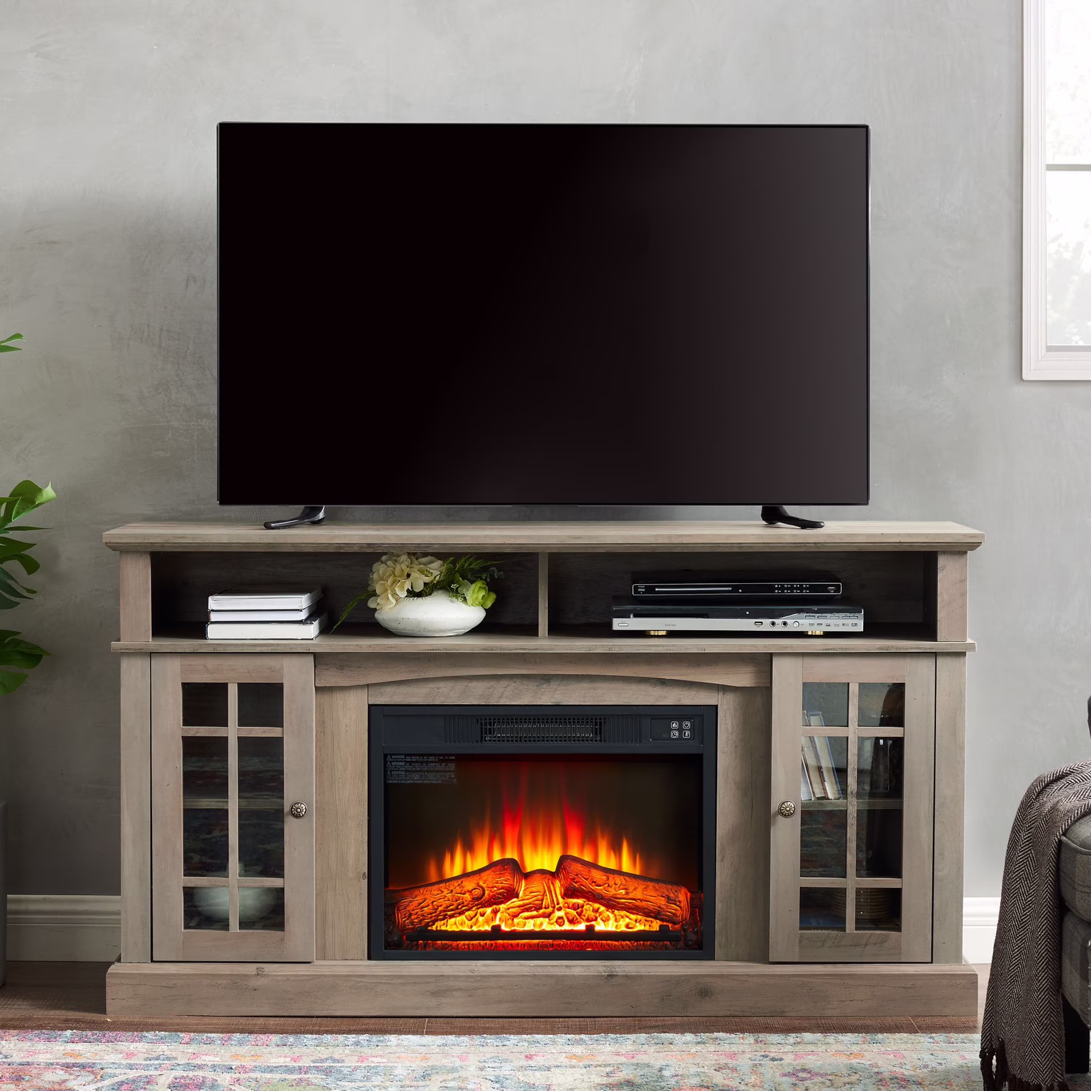 Sesslife Electric Fireplace TV Stand with Remote Control for 65 in TV, Farmhouse TV Console Table with Open Storage Shelves 2 Cabinets, Wooden Media Entertainment Center for Living Room, Gray(Espresso)