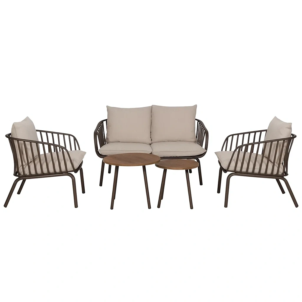 Conjunto de jardín con 2 sillones, 1 sofá de 2 plazas y 2 mesas,Marrón y cojines beige - mjNdjCg218uY