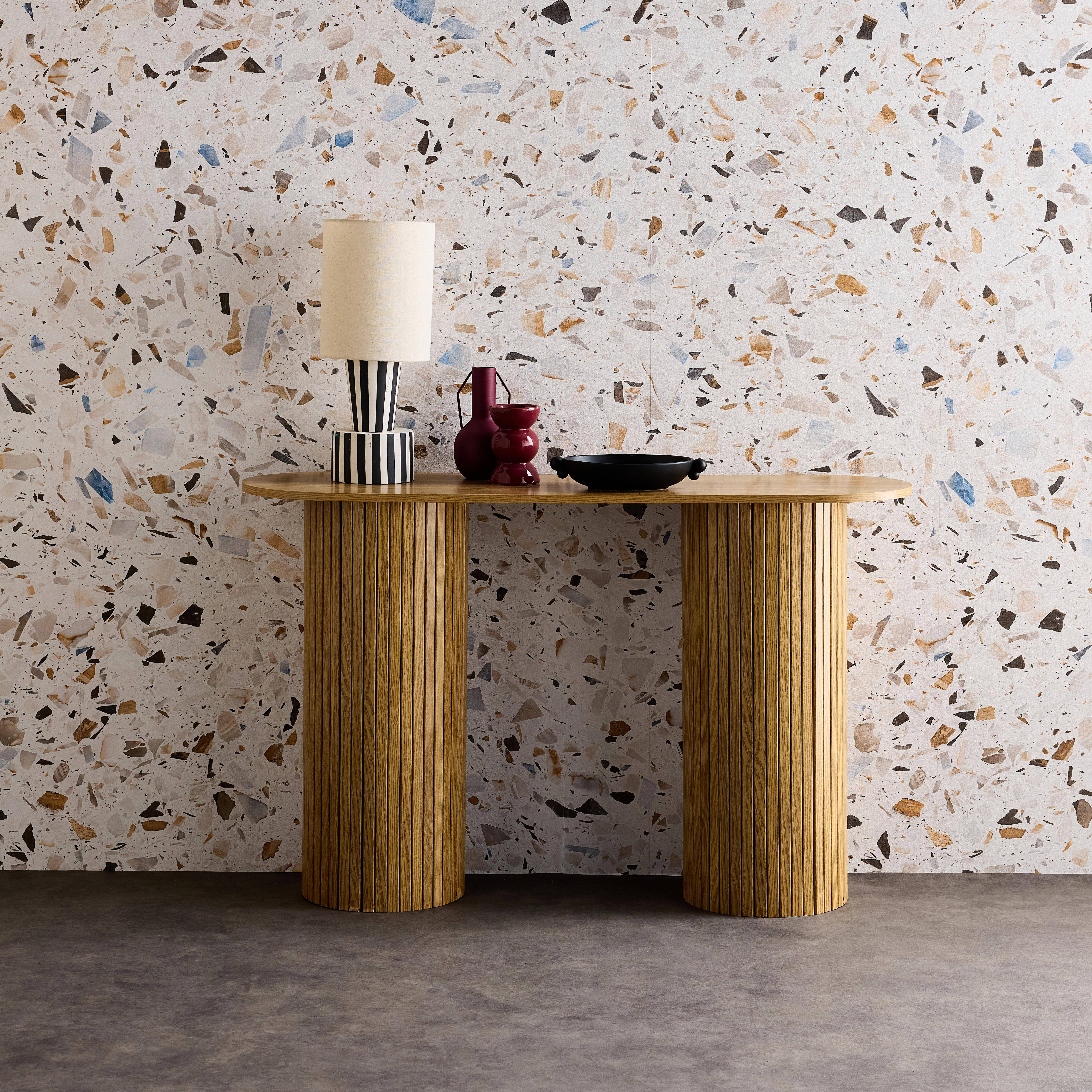 Legacy - Consola escandinava ovalada efecto madera acanalada, 120cm