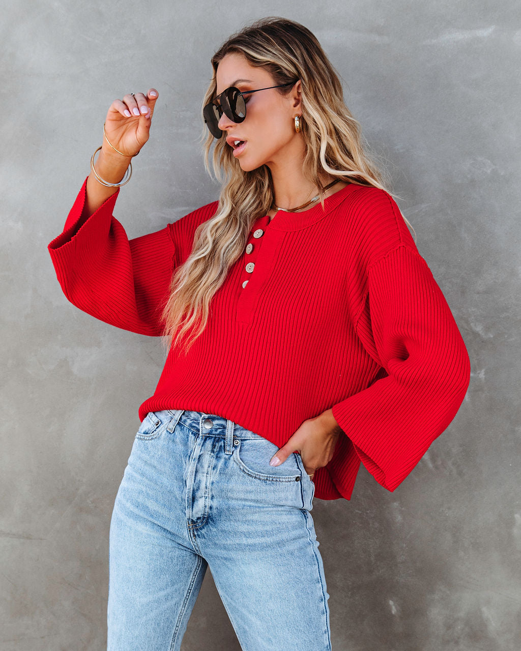 Shawn Ribbed Henley Top - Red - SALE - Se7enfashion
