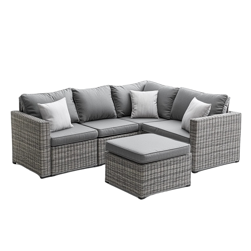 Sofá modular de ratán sintético gris con cojines impermeables, juego esquinero con otomana, estructura robusta para terraza qd8411737