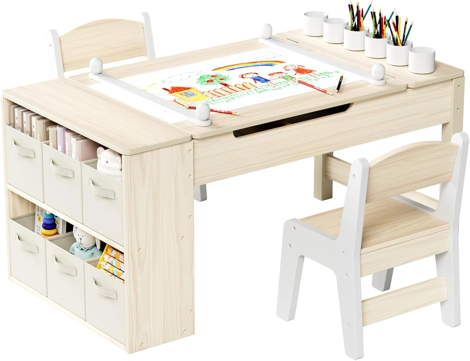 LAZY BUDDY Kids Art Table and 2 Chairs Set, 2 in 1 Easel & Toddler Craft Table and Chairs Set with Storage Bins, Paint Cups and Paper Roll, Activity Table Set for Children 3+ - Image 20