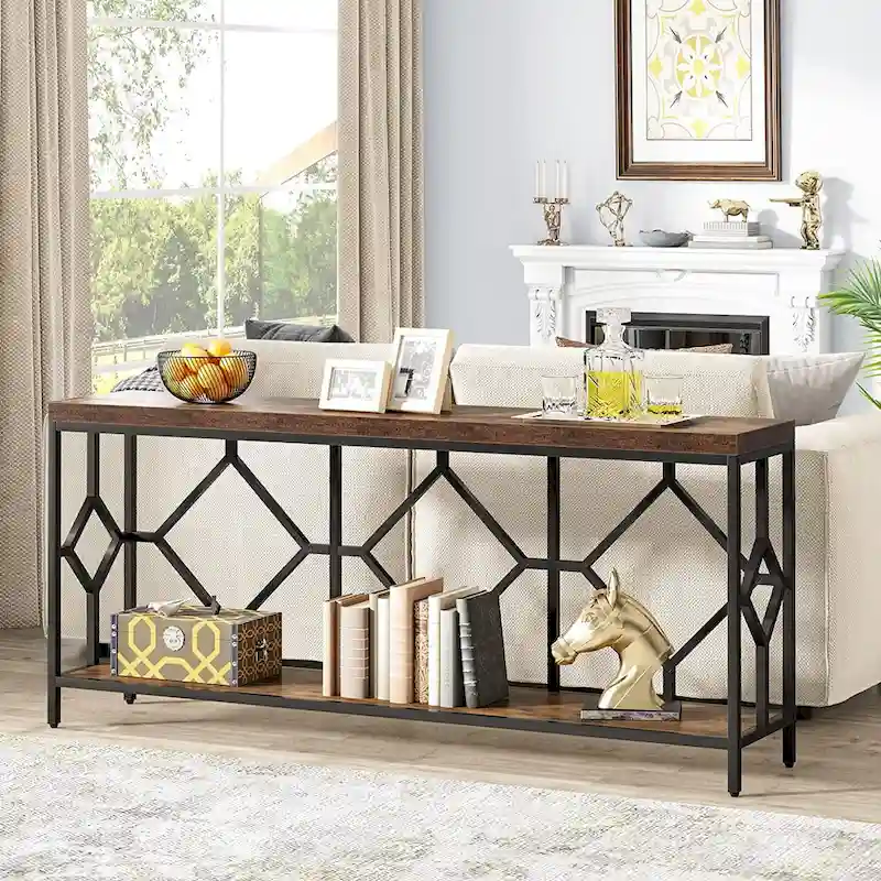 70.9-Inch Industrial Sofa Console Table with Open Storage Shelf - Extra Long Narrow Entry Table for Behind Couch