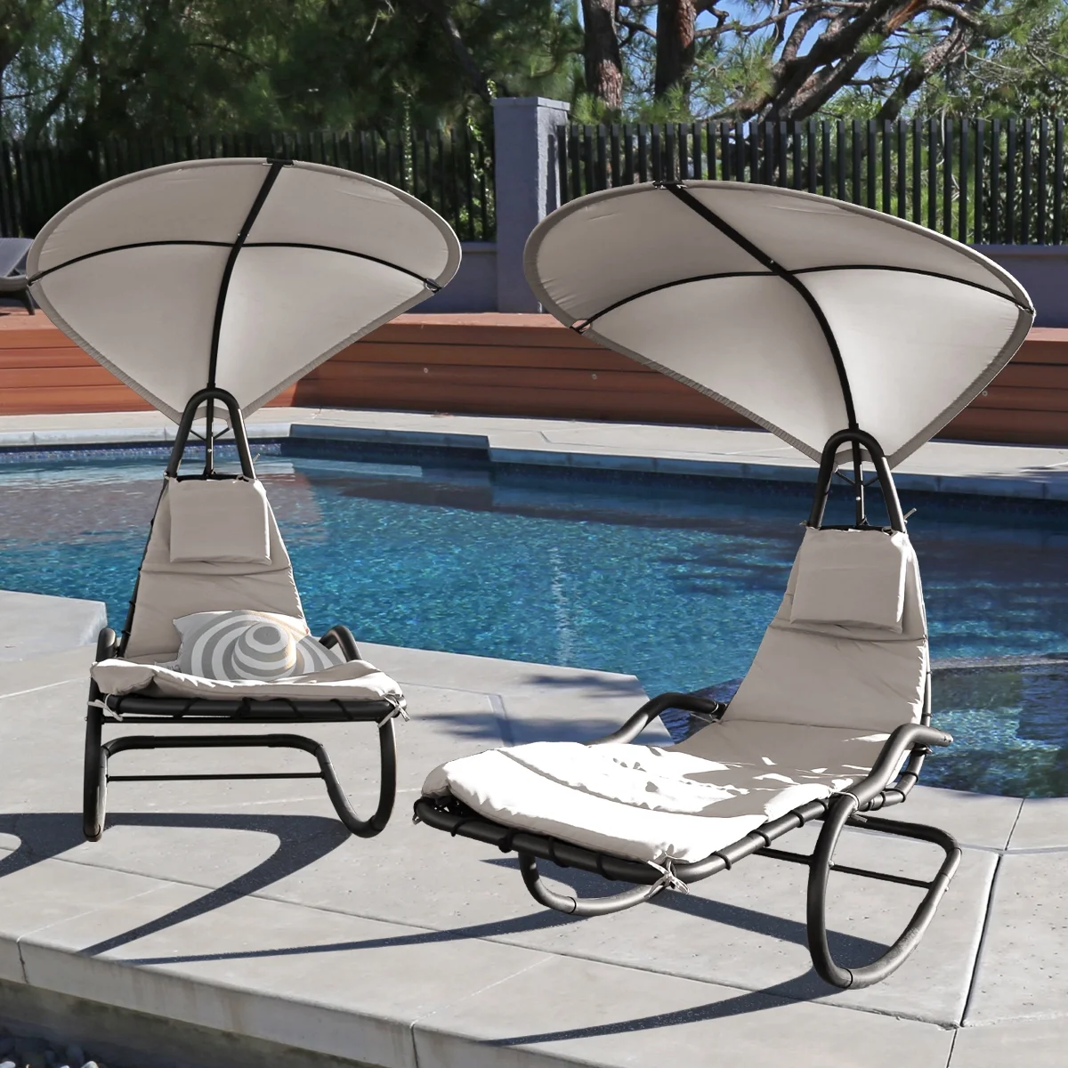 2X Rocking Hanging Lounge Chair - Curved Chaise Rocking Lounge Chair Swing For Backyard Patio w/ Built-in Pillow Removable Canopy with stand {Green} - Image 26