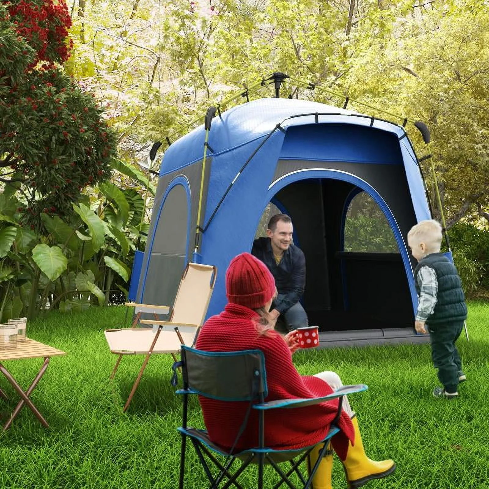 Outsunny Camping Tents 4 Person Pop Up Tent Quick Setup Automatic Hydraulic Family Travel Tent w/ Windows, Doors Carry Bag Included, Blue - Image 7