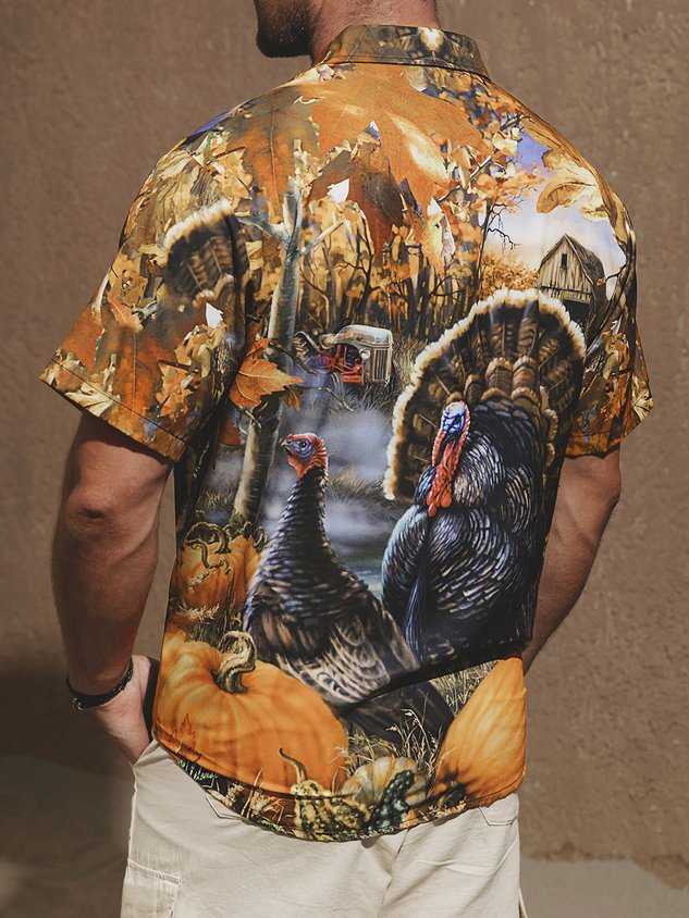 Men's Thanksgiving Turkey Print Casual Short Sleeve Hawaiian Shirt with Breast Pocket