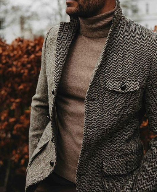 OK Daily Notch Lapel Pockets Single Breasted Herringbone Blazer