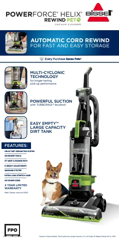 BISSELL PowerForce Helix Turbo Rewind Pet, Upright Vacuum, Pet Friendly, Automatic Cord Rewind, Powerful Pet Hair Pickup, Extra-Wide Cleaning Path, 3333, Black & Green - Image 2