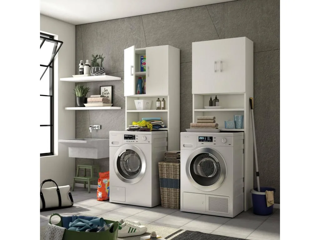Armario multiusos Alkihogares Mueble lineal con 2 puertas batientes y baldas Mueble lavadero para lavadora Made in Italy 65x32h195 cm Blanco